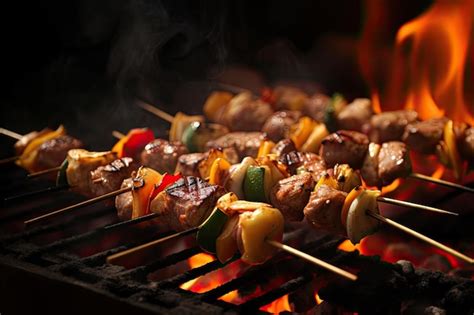 Brochetas De Carne A La Barbacoa Con Verduras A La Parrilla En Llamas