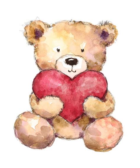 Valentines Day Teddy Bear Holding A Big Heart Watercolor Hand Drawn