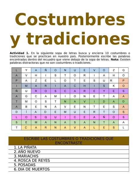 Nuestras Tradicciones Y Costumbres Sopas De Letras Sobre Costumbres Y