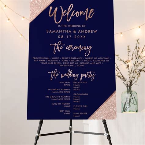 Rose Gold Glitter Navy Blue Wedding Program Foam Board Zazzle Dark