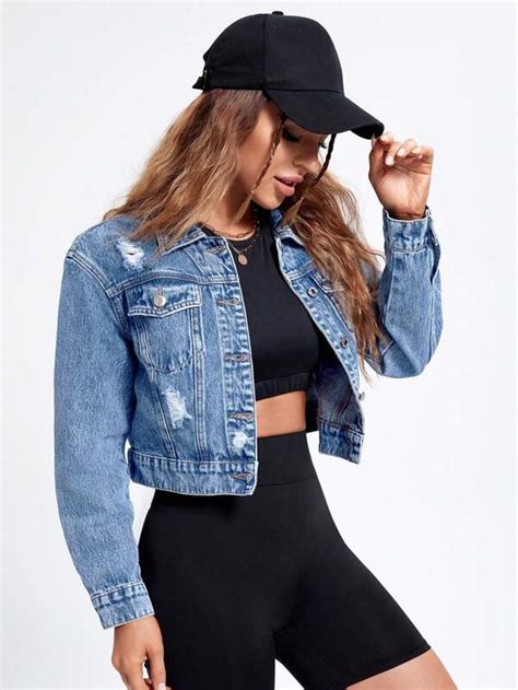 Shein Essnce Ripped Frayed Flap Pocket Denim Jacket Shein Usa