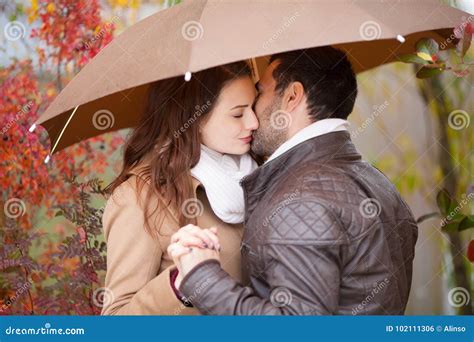 Couple Of Lovers Kissing In The Rain Stock Photo Image Of Date