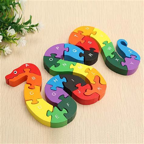 1 Set Wooden Snake Shape Puzzle Toys For Children Cartoon Animal Letter Alphanumeric Educational ...