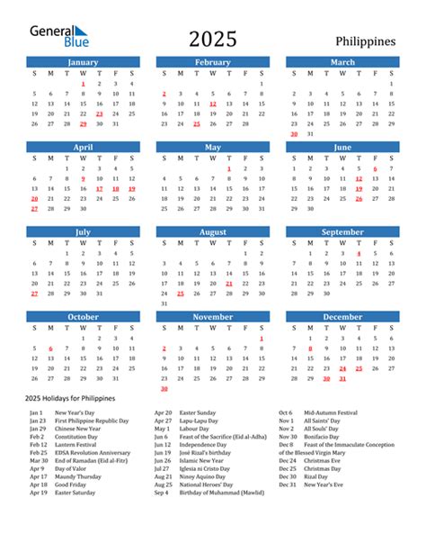 2025 Philippines Calendar With Holidays