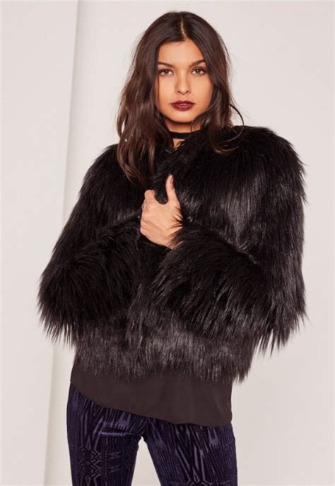 Missguided Shaggy Black Faux Fur Coat Winter Glamour Cropped Jackets Short Glamorous Coats