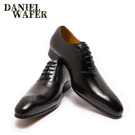 Luxury Men Oxford Shoes Genuine Leather Prints Brown Black Lace Up Pointed Toe Office Wedding