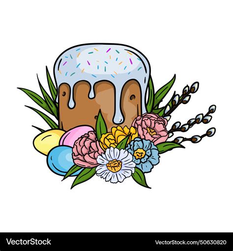 Easter Cake Pussy Willow And Eggs In The Flowers Vector Image