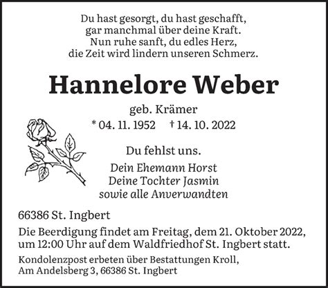 Traueranzeigen Von Hannelore Weber Saarbruecker Zeitung Trauer De