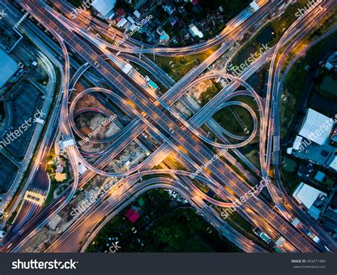 Aerial Highway Junction Night Busy Highway Stock Photo 493471480