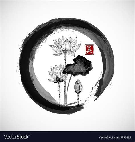 Lotus Flowers In Black Enso Zen Circle Traditional Japanese Ink