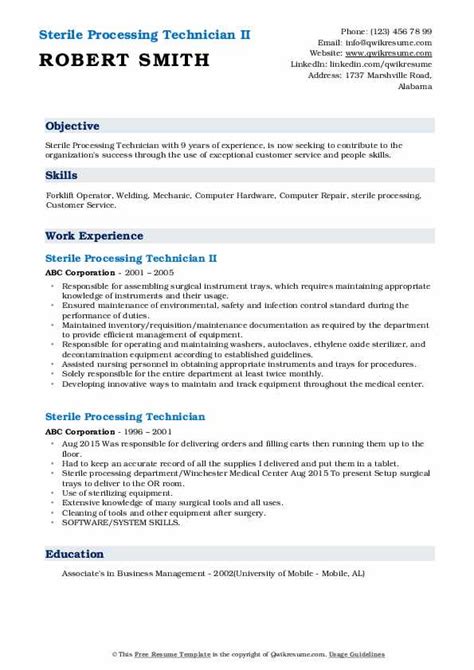 Sterile Processing Technician Resume Samples Qwikresume