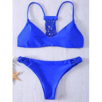 Spaghetti Strap Solid Color Hollow Out Women S Bikini Set Blue M