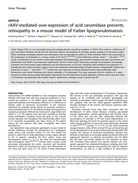 Raav Mediated Over Expression Of Acid Ceramidase Prevents Retinopathy In A Mouse Model Of Farber