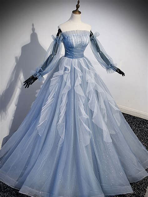 Blue A Line Tulle Lace Long Prom Dresses Blue Formal Evening Dresses