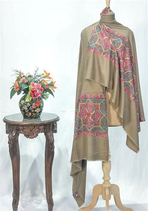 Beige Papier Mache Hand Embroidered Pure Pashmina Shawl Angad Creations