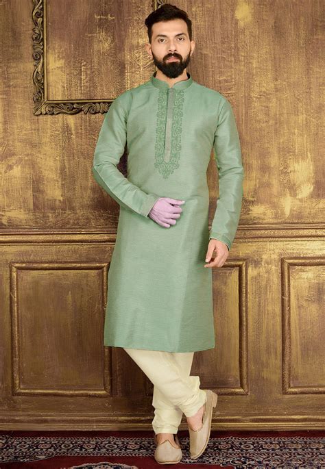 Buy Embroidered Art Silk Kurta Set In Pastel Green Online Mgv