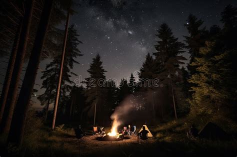 Campfire Surrounded By Silhouettes Of Towering Trees With Stars