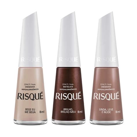 Kit 3 Esmalte Risque Tons De Nudes Bege Eu Me Beija Brilho Brilho Meu E Linda Leve E Nude