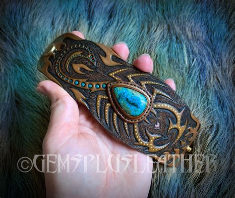 Hand Tooled And Hand Painted Leather Cuff Bracelet With Chrysocolla