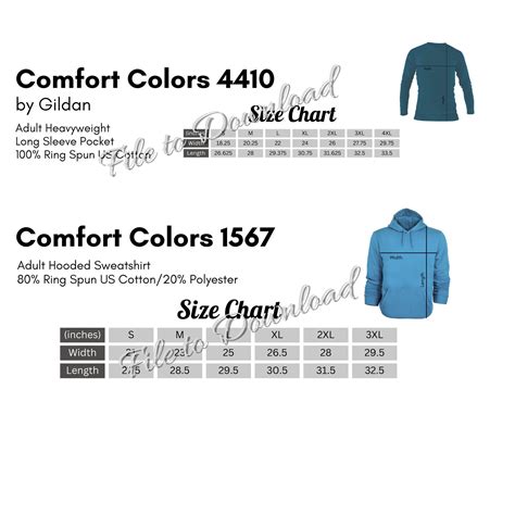 Editable Comfort Colors Size Charts And Color Charts All Colors