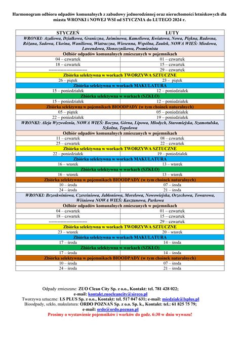 Harmonogram wywozu odpadów na styczeń i luty Urząd Miasta i Gminy Wronki