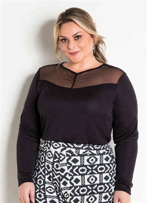 Blusa Com Transparência Preta Plus Size Marguerite