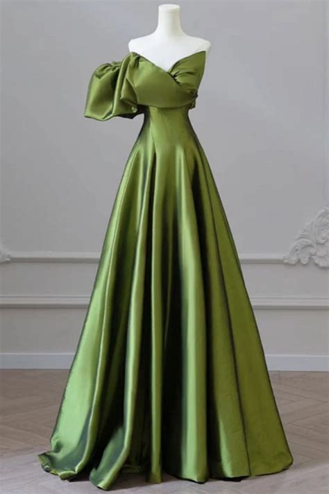 One Shoulder Green Satin Long Party Dress Off Shoulder Prom Dress On