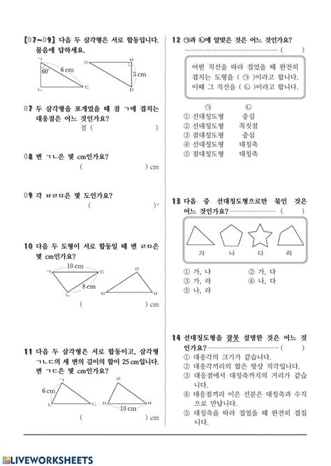 5학년 2학기 수학 3단원 합동과 대칭 단원평가기본형 Online Exercise For Live Worksheets