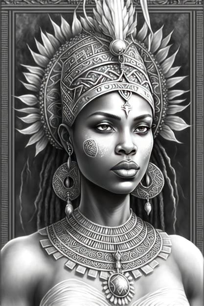 Premium Ai Image Coloring Page For Adults African Goddess Greyscale