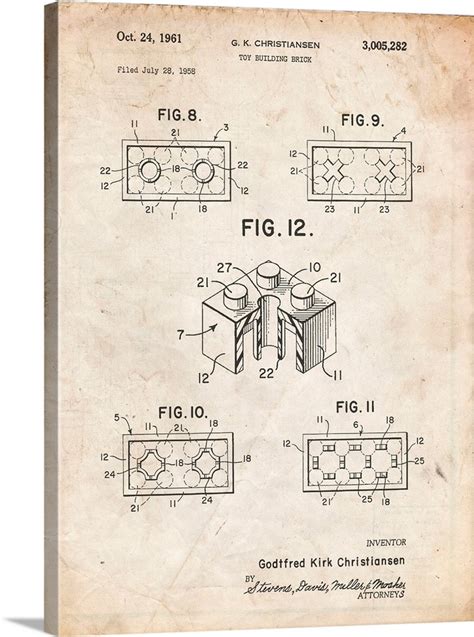 Vintage Parchment Lego Building Brick Patent Poster Wall Art Canvas