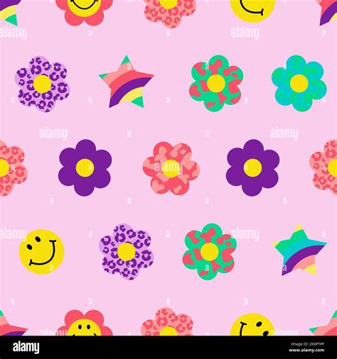 Cool Groovy Flower Seamless Pattern Y2k Style Trendy Funky Background