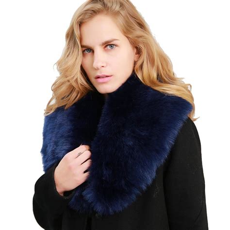 Womens Faux Fur Collar Shawl Neck Scarf Wrap For Winter Coat 15 Navy Blue C918607smt3