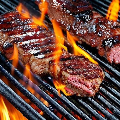 Premium Ai Image Two Steaks Are Cooking On A Grill With Flames On The