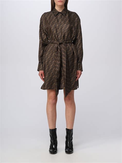 Fendi Ff Logo Silk Shirt Dress In Mud,tobacco | ModeSens