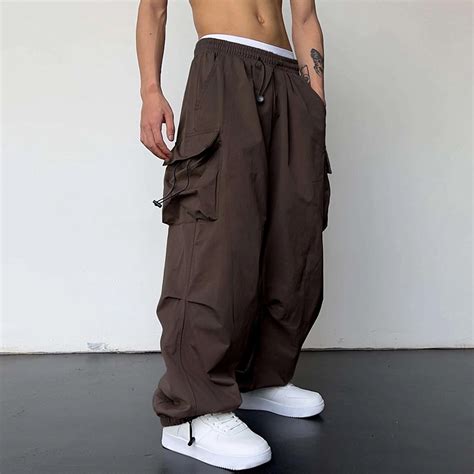 Njoeus Mens Parachute Cargo Pants Drawstring Elastic Waist Flap