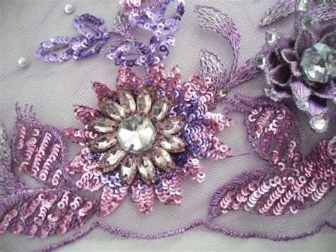 Embroidered D Applique Fabric Lavender Sequin Rhinestone Floral Design