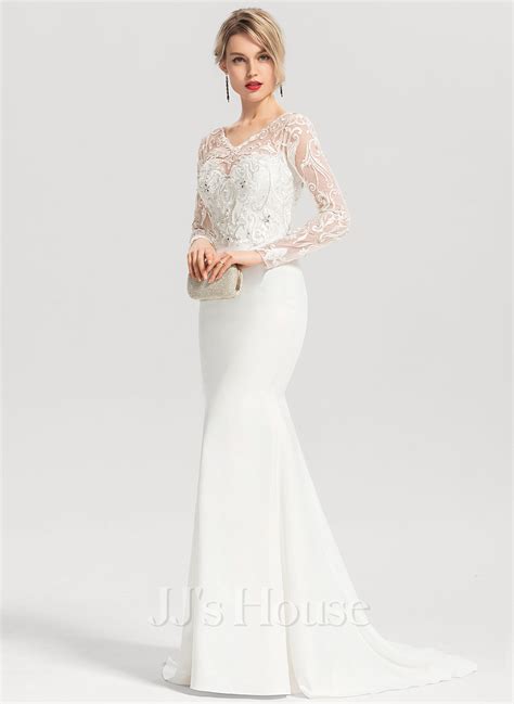 Trumpet Mermaid V Neck Sweep Train Lace Stretch Crepe Wedding Dress