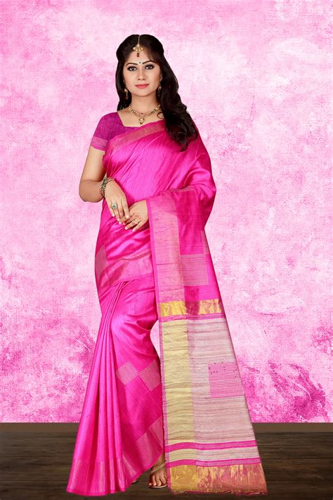 Woven Pure Dupion Silk Saree In Rani Pink Ucchal Fashion