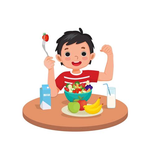 Lindo Niño Comiendo Frutas Y Verduras Saludables Mostrando Tenedor Con