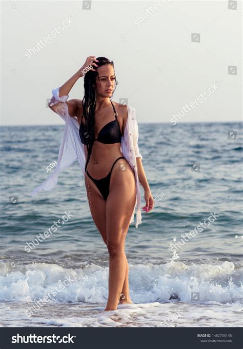 Sexy Brunette Woman Black Bikini White Stock Photo