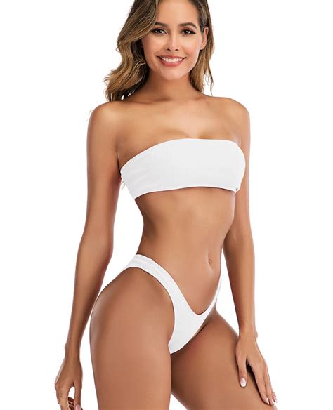 Mulheres Sexy Strapless Ribbed High Cut Bandeau Bikini Set