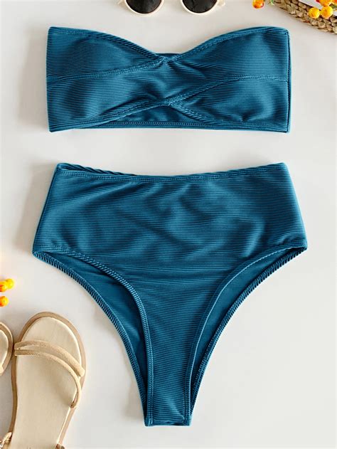 SHEIN Swim Chicsea Mono Bikini Set Rib Bandeau Top High Waist Bottom