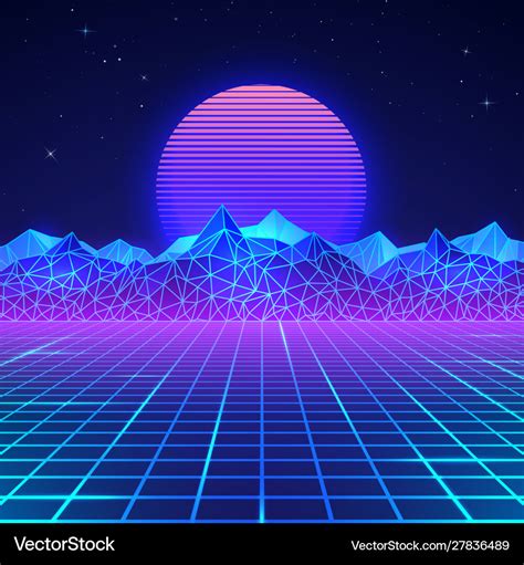 Futuristic Retro Landscape 80s In Neon Royalty Free Vector