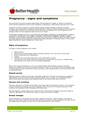 Fillable Online Pregnancy Signs And Symptoms Better Health Channel