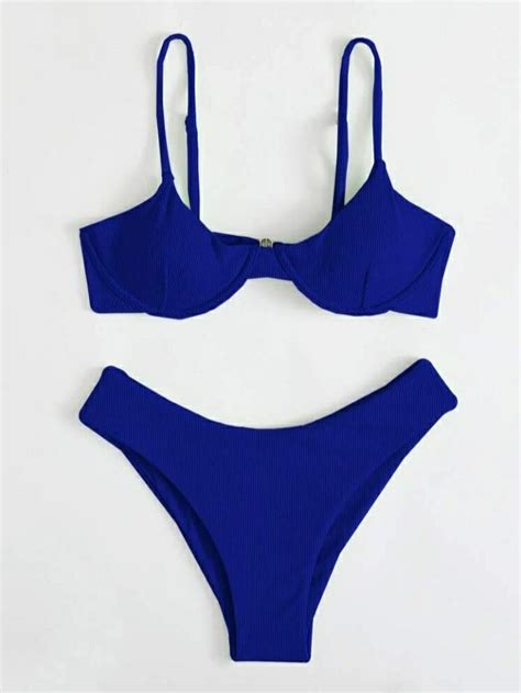 Shein Royal Blue Rib Underwire Bikini Women S Fashion Swimwear