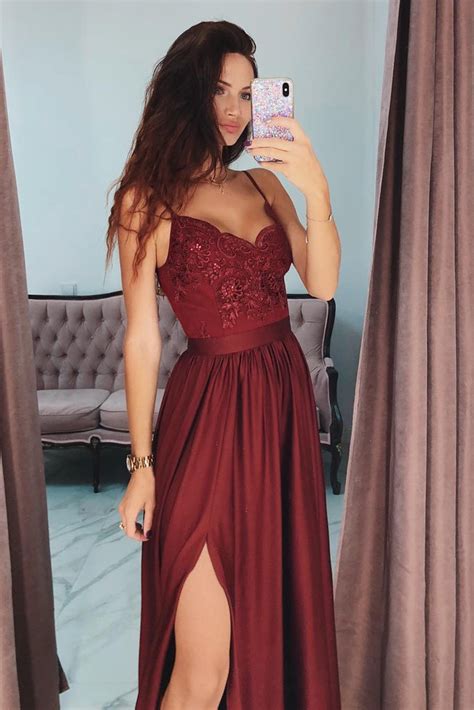 Burgundy Lace V Neck Long Prom Dress Spaghetti Strap Split Formal