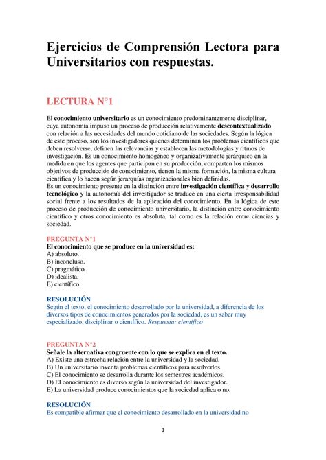 Ejercicios de Comprensión Lectora para Universitarios con respuestas