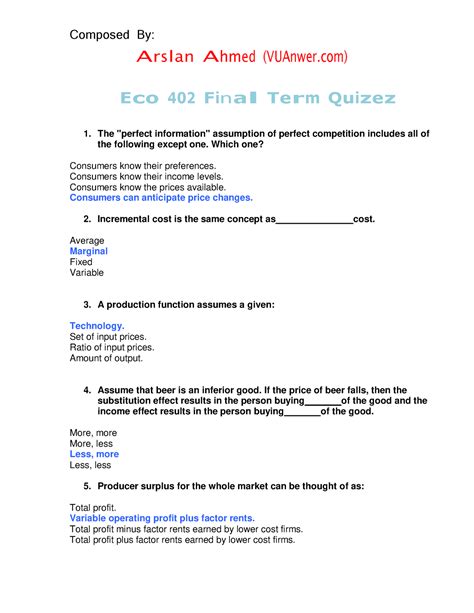 Eco402 Final Solved Quizez Mcqs Vuanswer Arslan Ahmed Vuanwer Eco