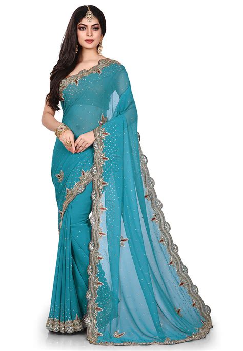 Buy Hand Embroidered Viscose Georgette Saree In Teal Blue Online