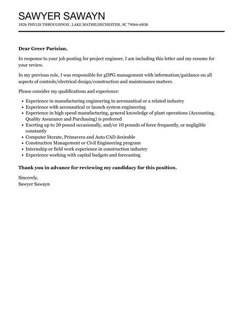 Project Engineer Cover Letter Velvet Jobs